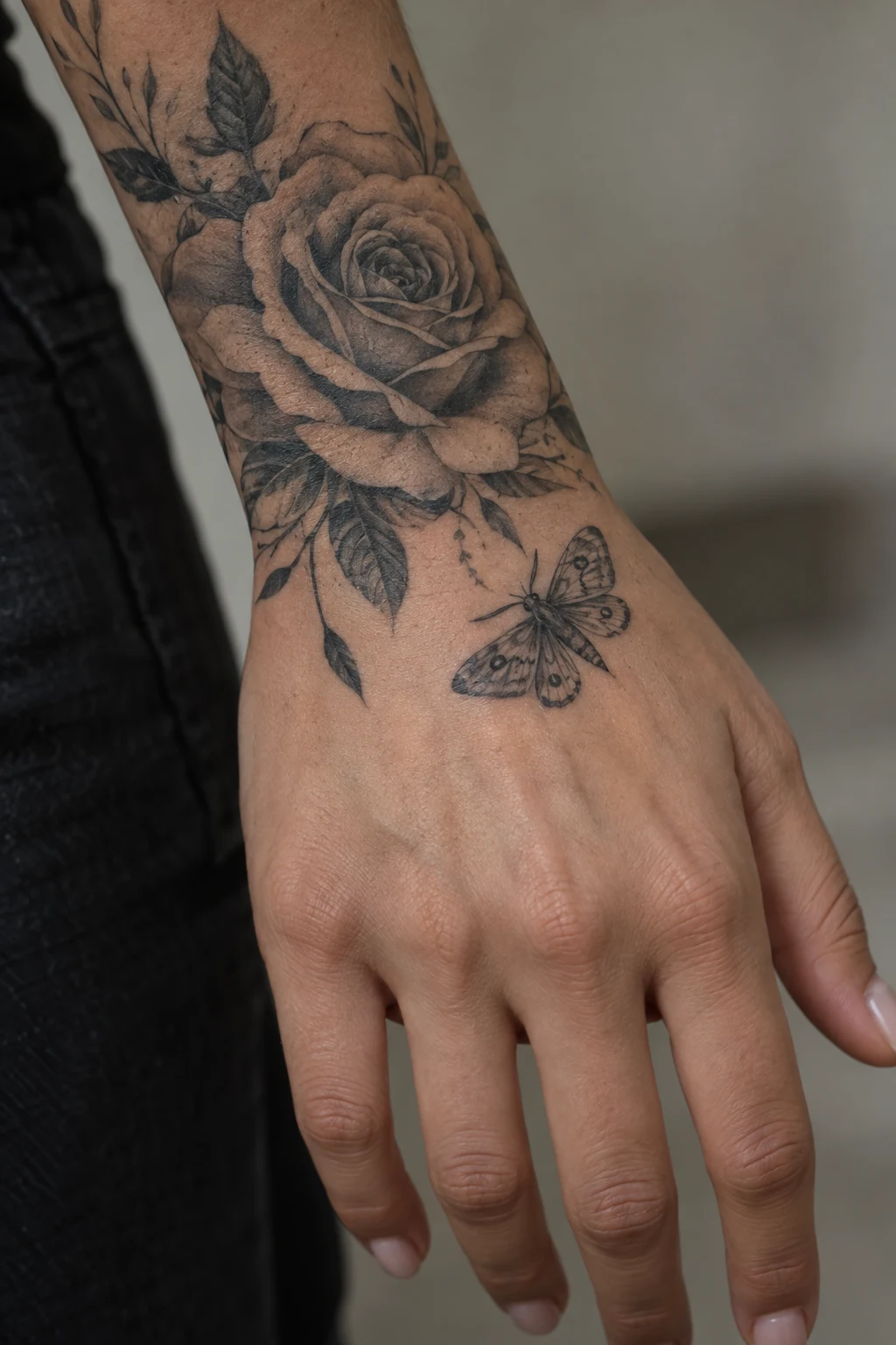 Black and grey rose tattoo near the wrist with a small moth above it on the hand.