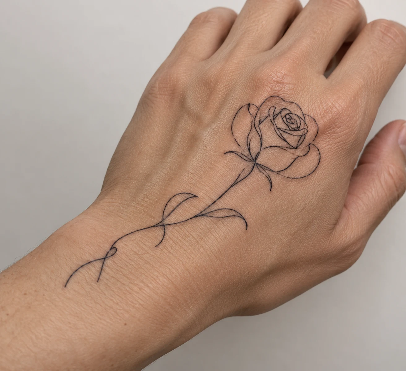 Continuous-line rose tattoo with looping petals placed diagonally across the back of a hand.