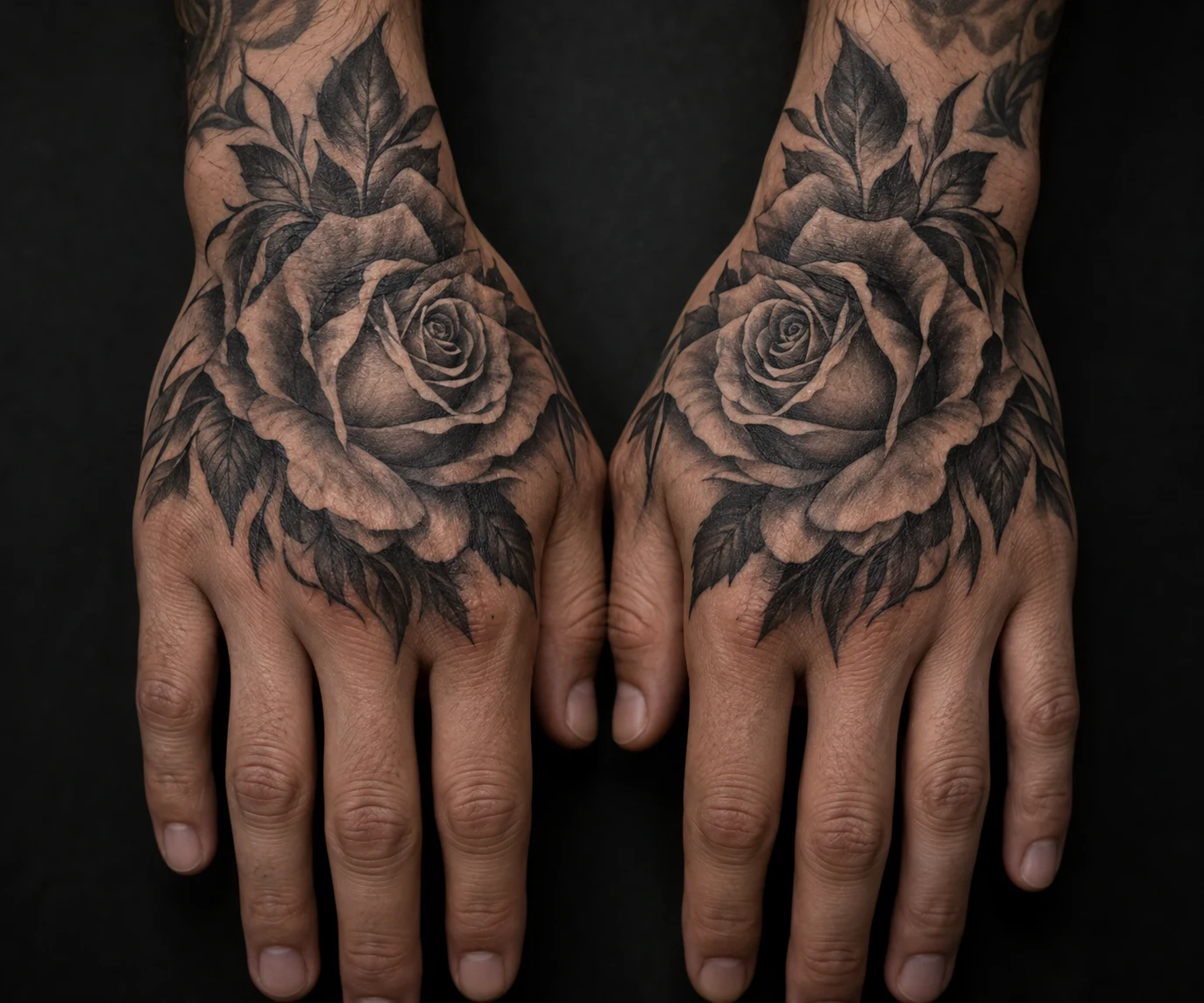 Complementary black and grey rose tattoos across the backs of two hands with inward-facing blooms.