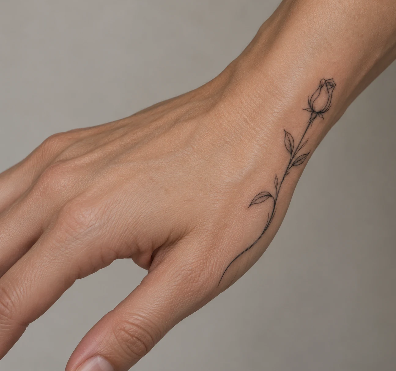 Slender black outline rosebud tattoo following the outer edge of a hand toward the wrist.