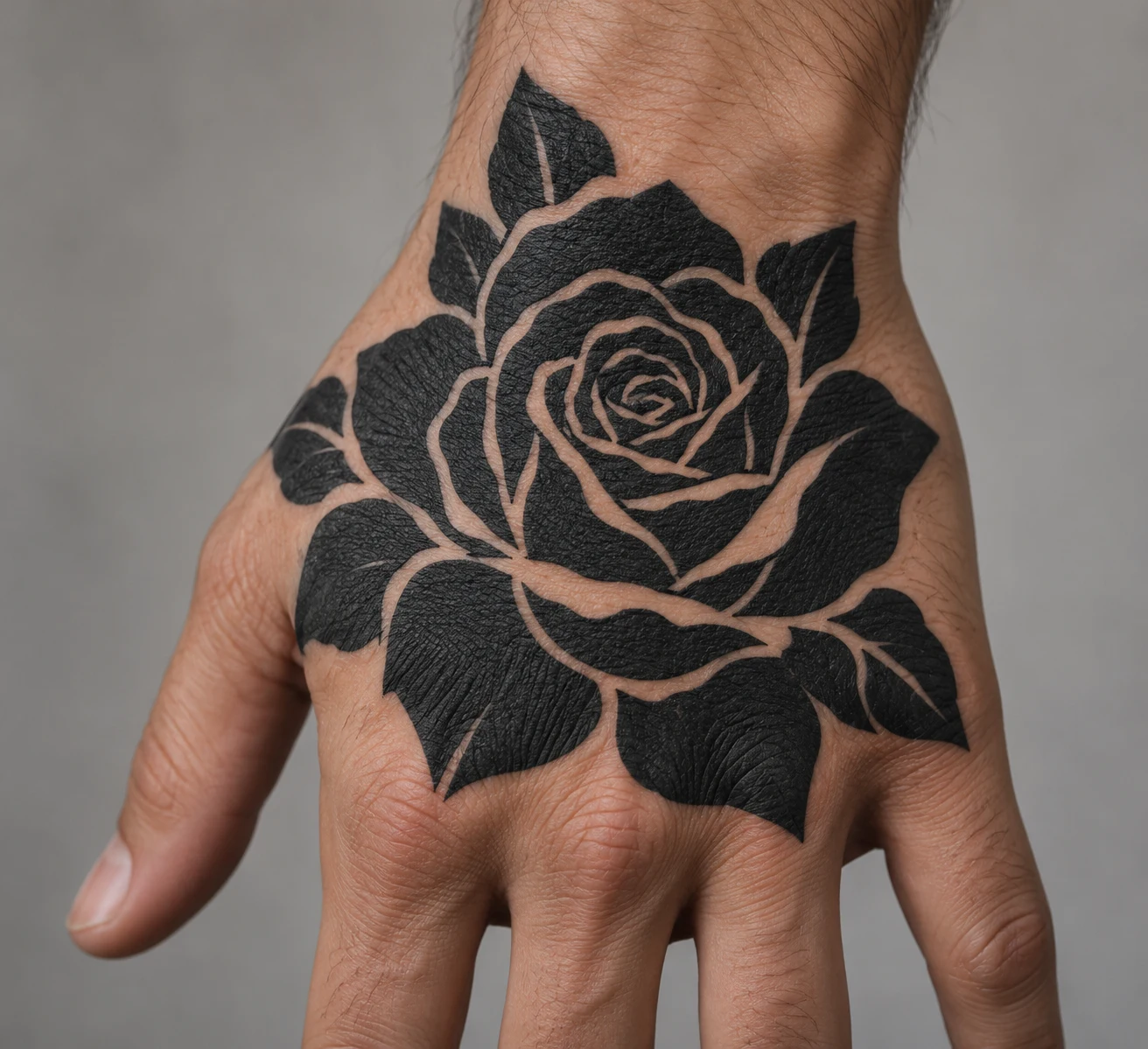Solid black rose tattoo with skin breaks defining petals on the back of a hand.