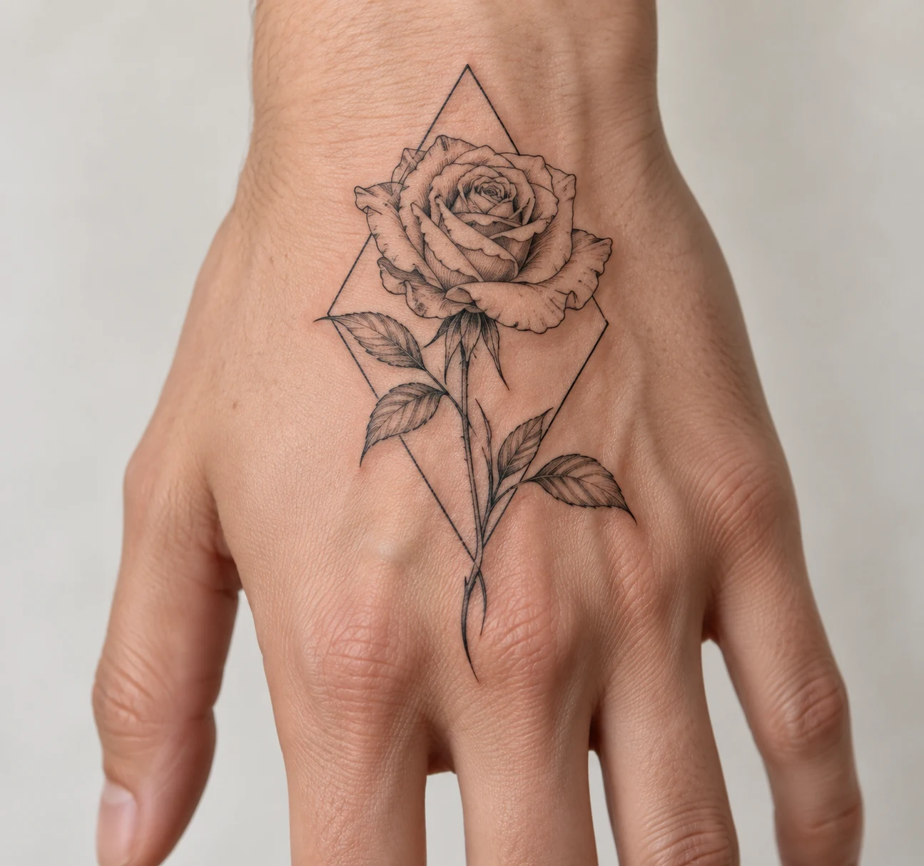 Fine outline rose tattoo intersecting an open diamond frame on the back of a hand.
