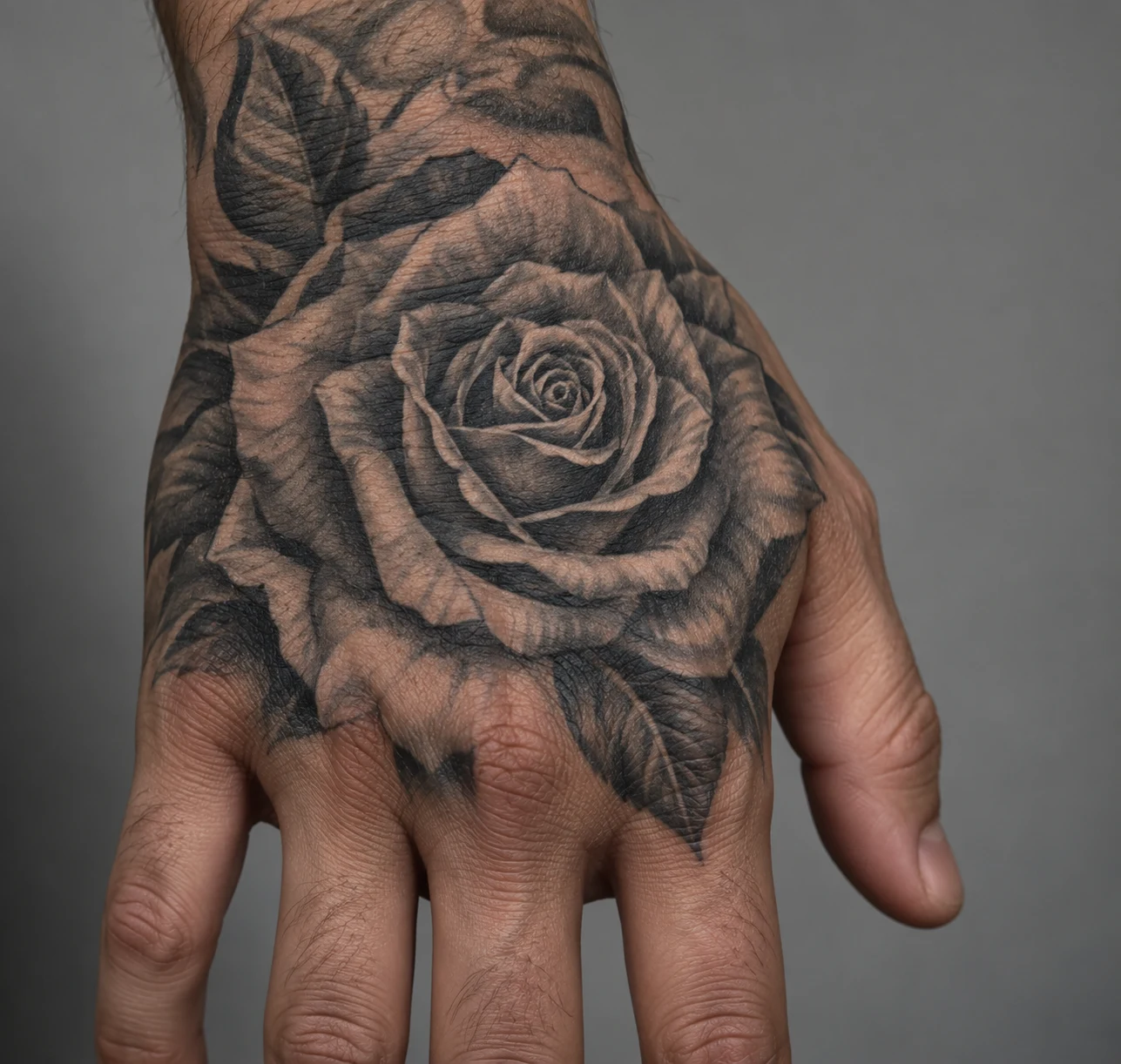 Black and grey realistic rose tattoo with layered shaded petals across the back of a hand.