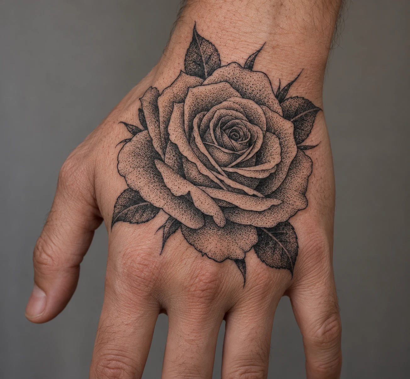 Dotwork rose tattoo with stippled petal shading centered on the back of a hand.