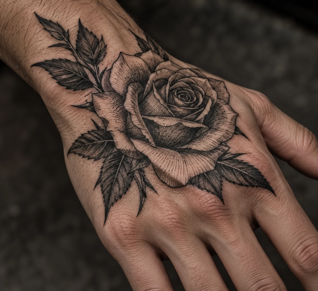 Etching-style rose tattoo with hatched petals and pointed leaves on the back of a hand.