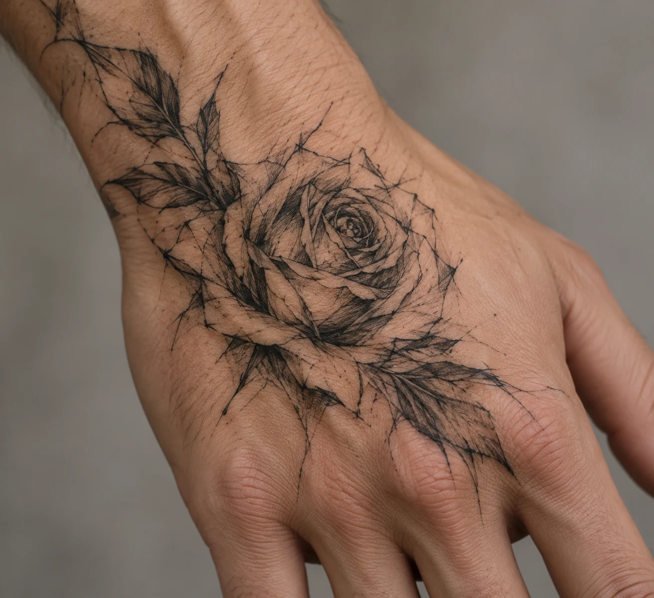 Sketch-style rose tattoo with loose overlapping strokes placed diagonally on the back of a hand.
