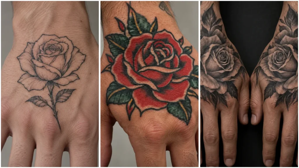 Three rose hand tattoo concepts: an outline bloom, a shaded black and grey rose, and a traditional red rose.