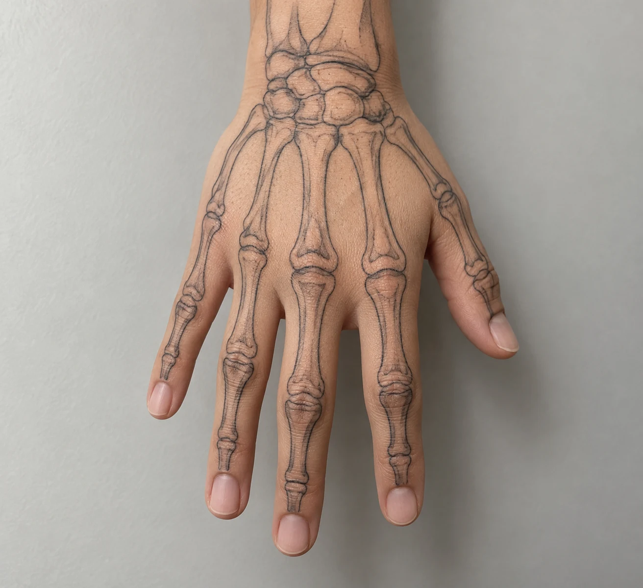 Fine-line skeleton hand tattoo with delicate bone outlines and open skin between the segments.