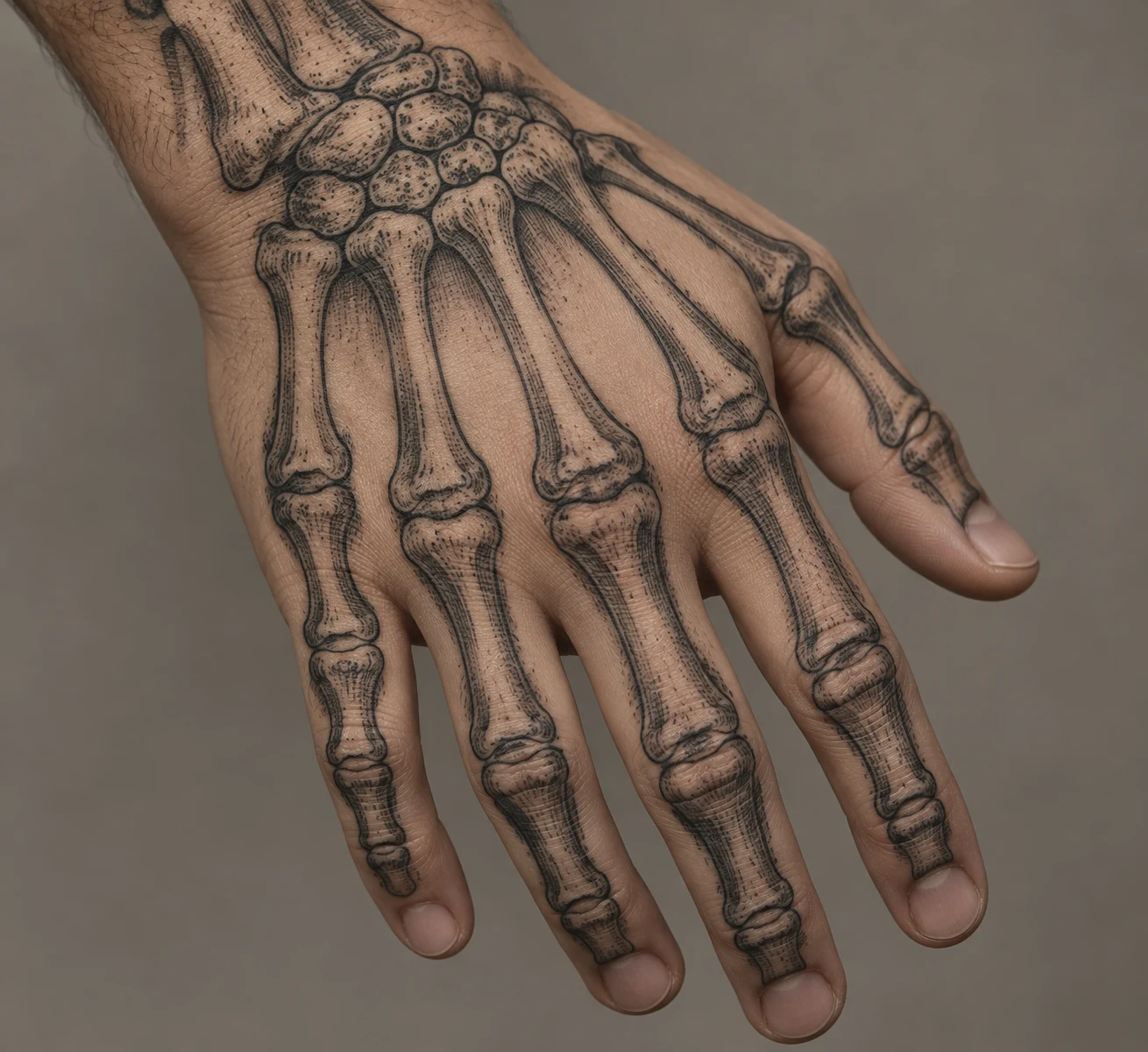 Engraving-style bone tattoo with parallel hatch marks across the back of a hand.