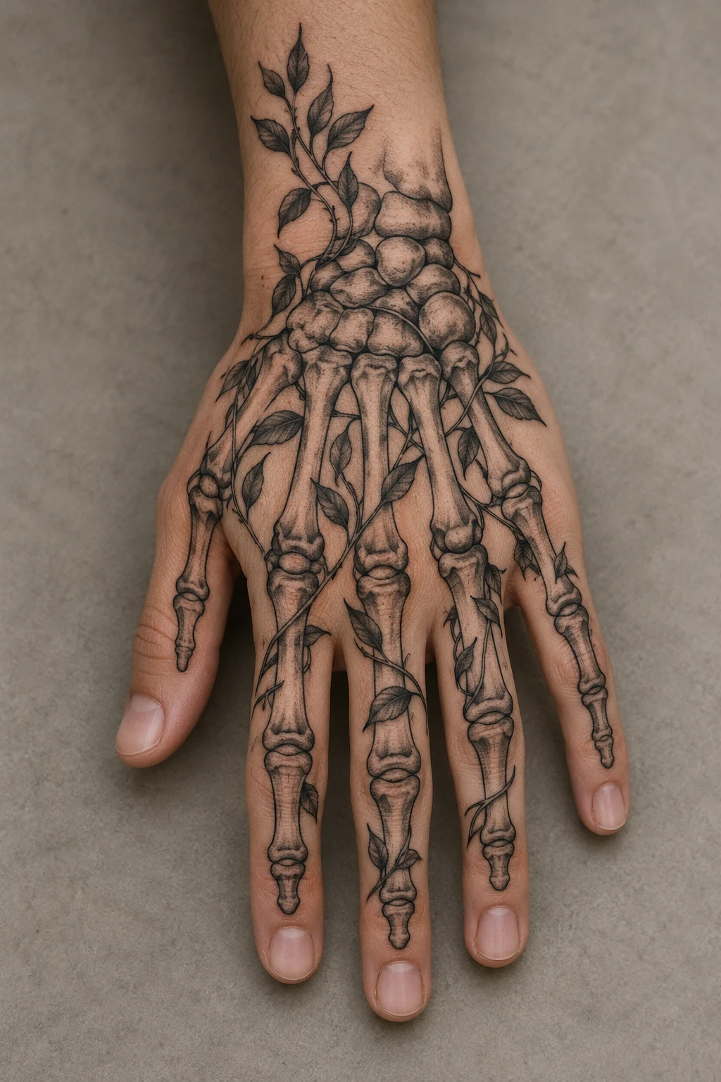 Black skeletal bones with a leafy vine winding between them on the back of a hand.