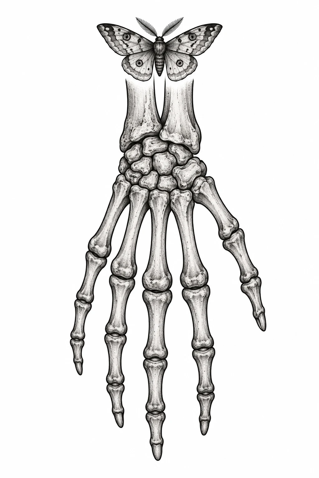 Black-and-grey skeletal hand design with a small spread-wing moth above the wrist bones.