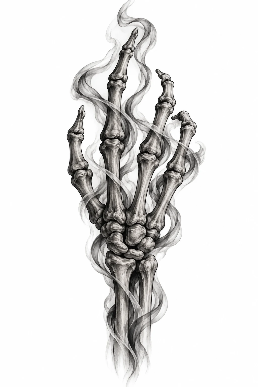 Black-and-grey bone tattoo with soft smoke ribbons weaving between the finger bones.