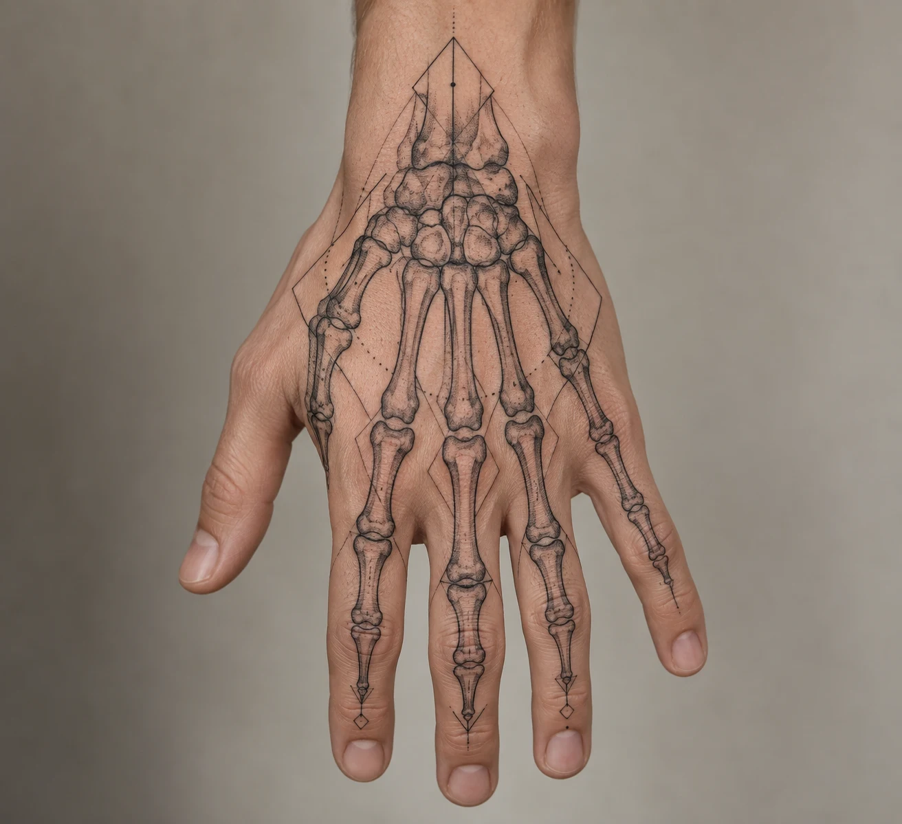 Thin diamond frames surrounding skeletal bones on the back of a hand.