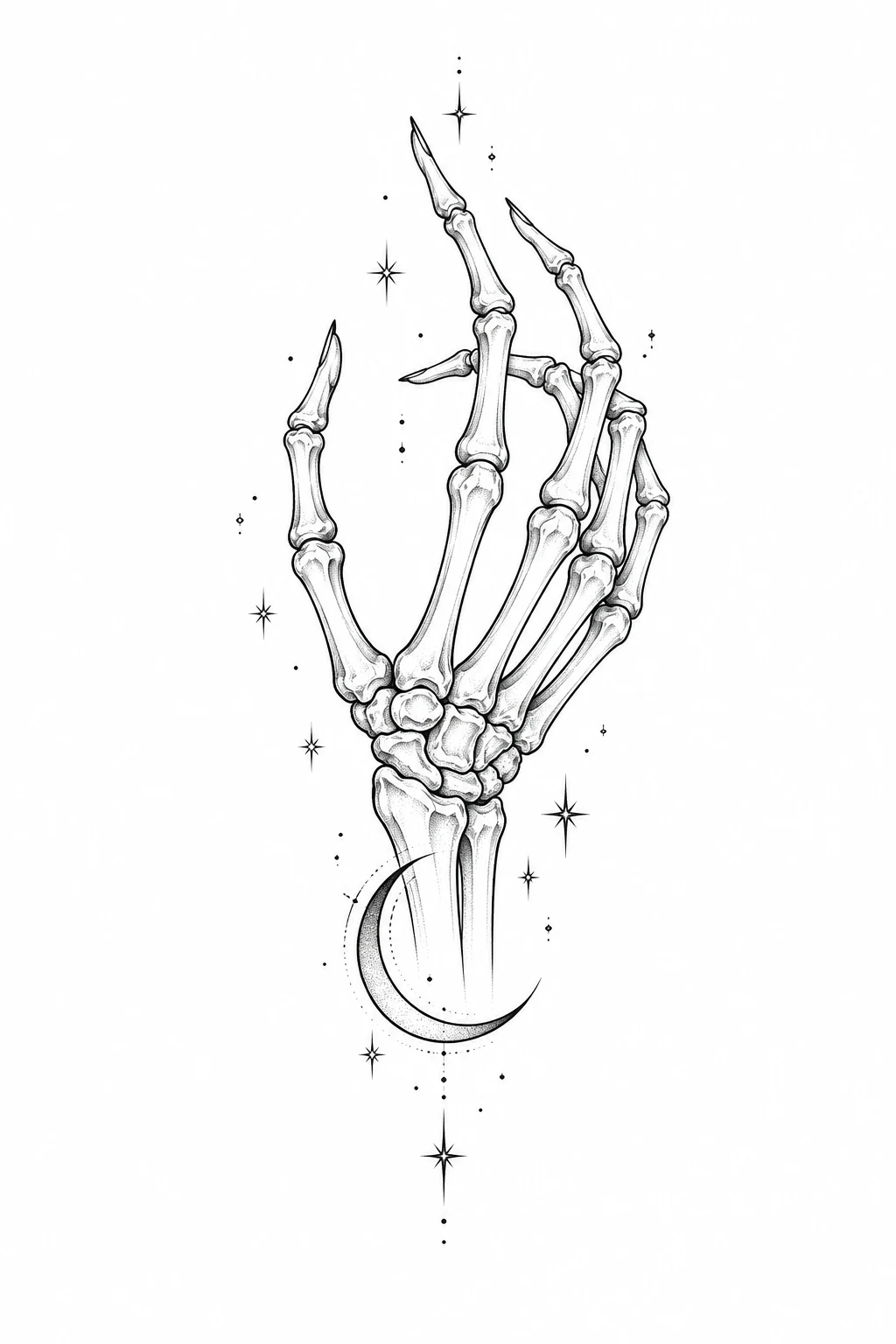 Fine-line skeletal bones with a crescent moon near the wrist and a few small stars.