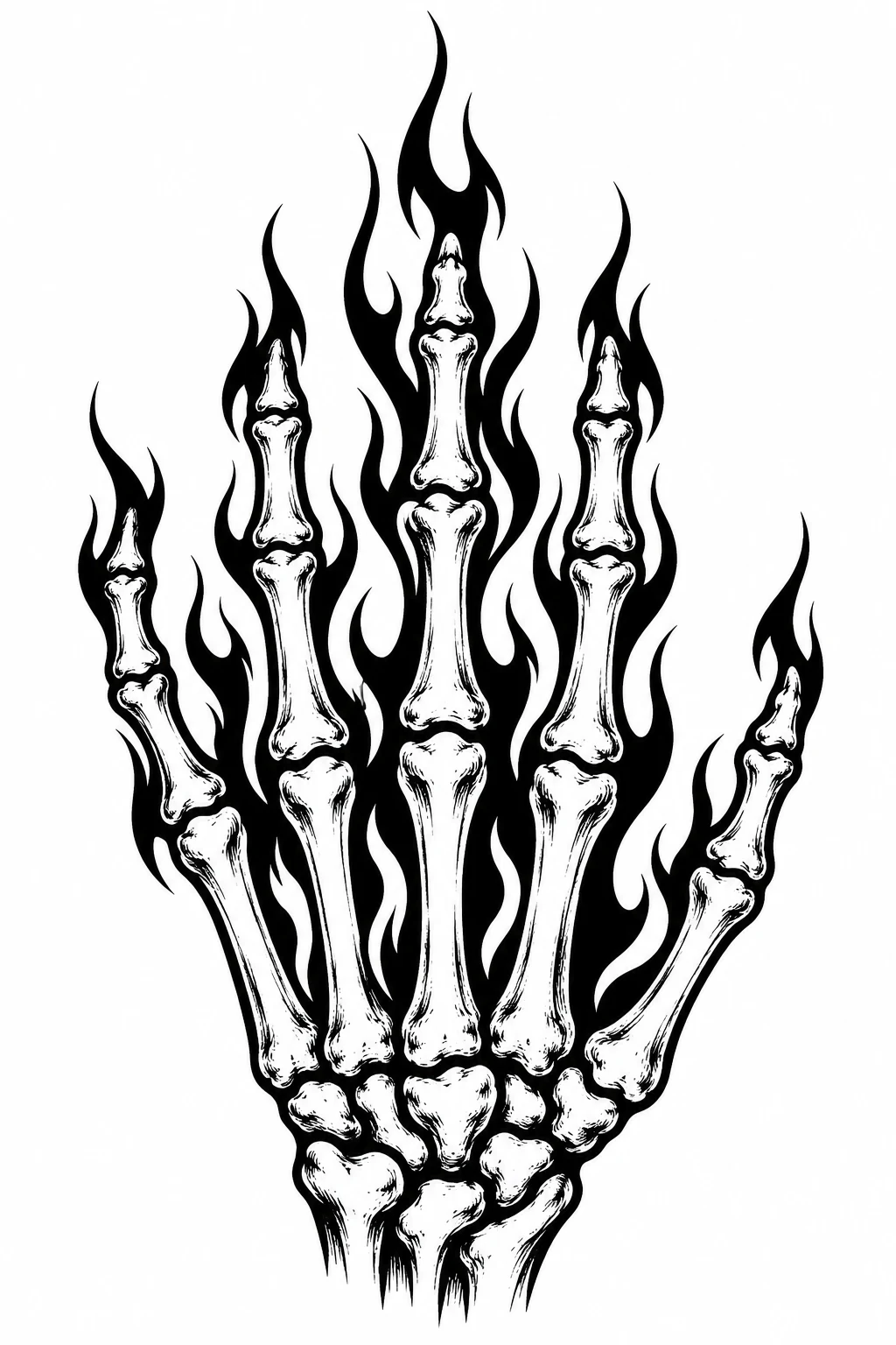 Blackwork skeletal bones with pointed flames rising between the finger bones.