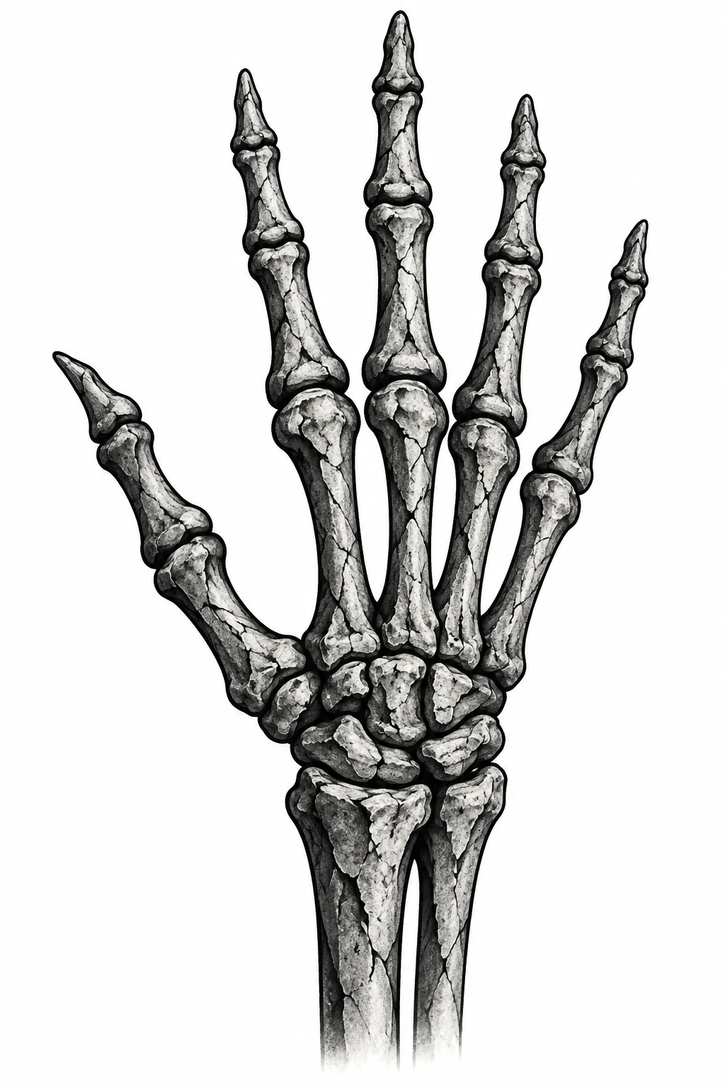 Black-and-grey bone tattoo with cracked-stone texture inside the skeletal shapes.