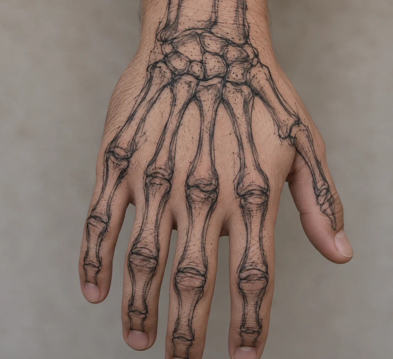 Sketch-style skeletal bones with loose doubled contours and sparse shading on the back of a hand.