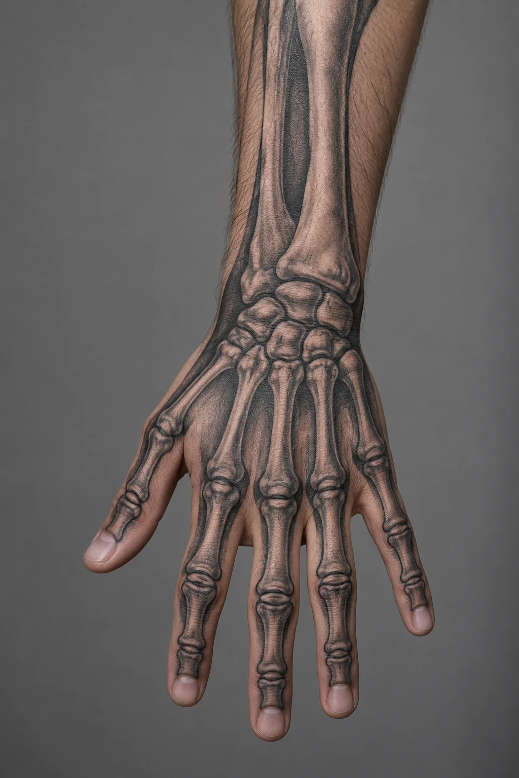 Black-and-grey skeletal bones extending from the fingers across the wrist onto the lower forearm.