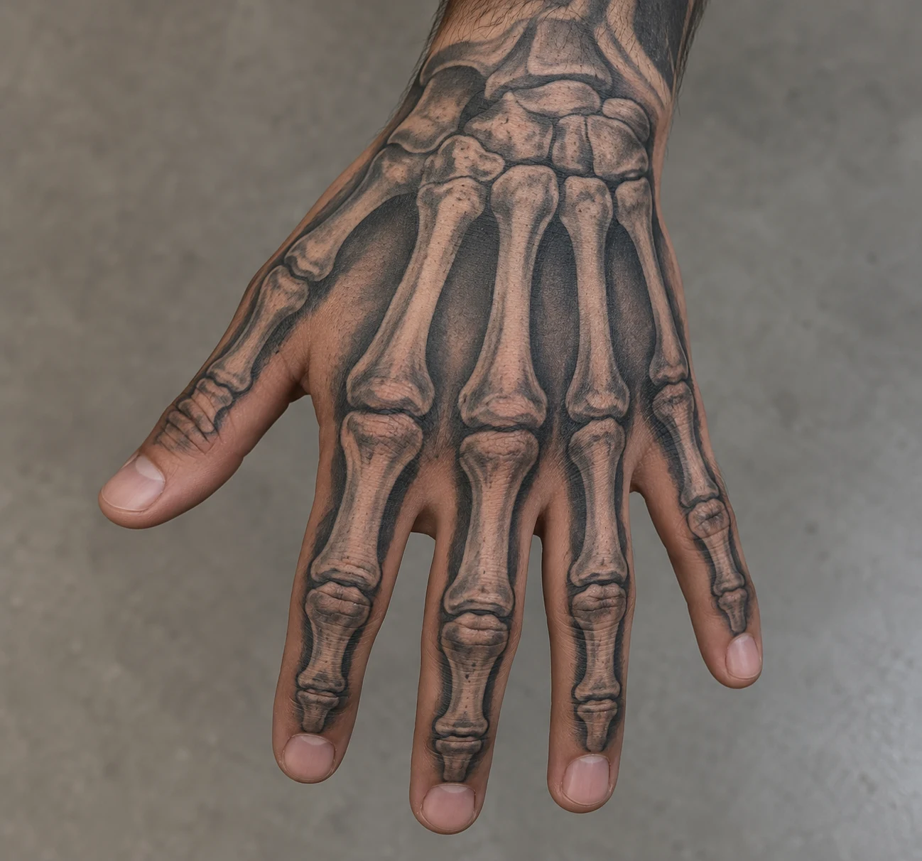 Black-and-grey bone tattoo with rounded shading across the back of a hand and fingers.