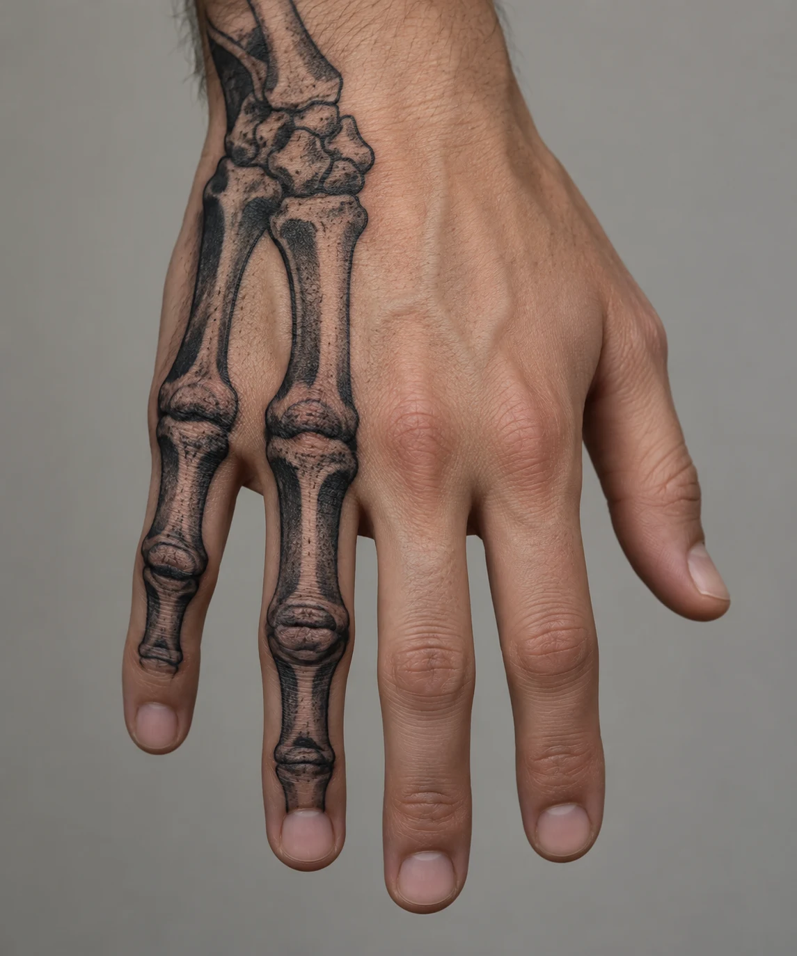 Black skeletal bones covering two adjacent fingers and one side of the back of a hand.