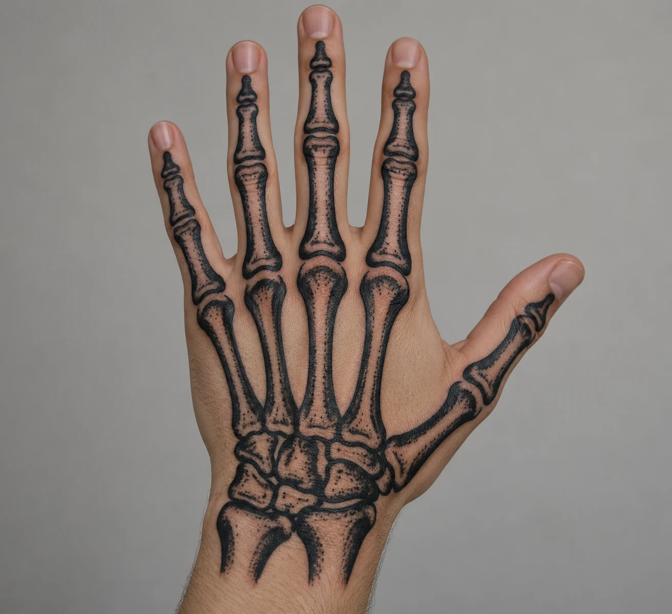 Bold blackwork skeleton bones with thick contours and solid black sections on the back of a hand.