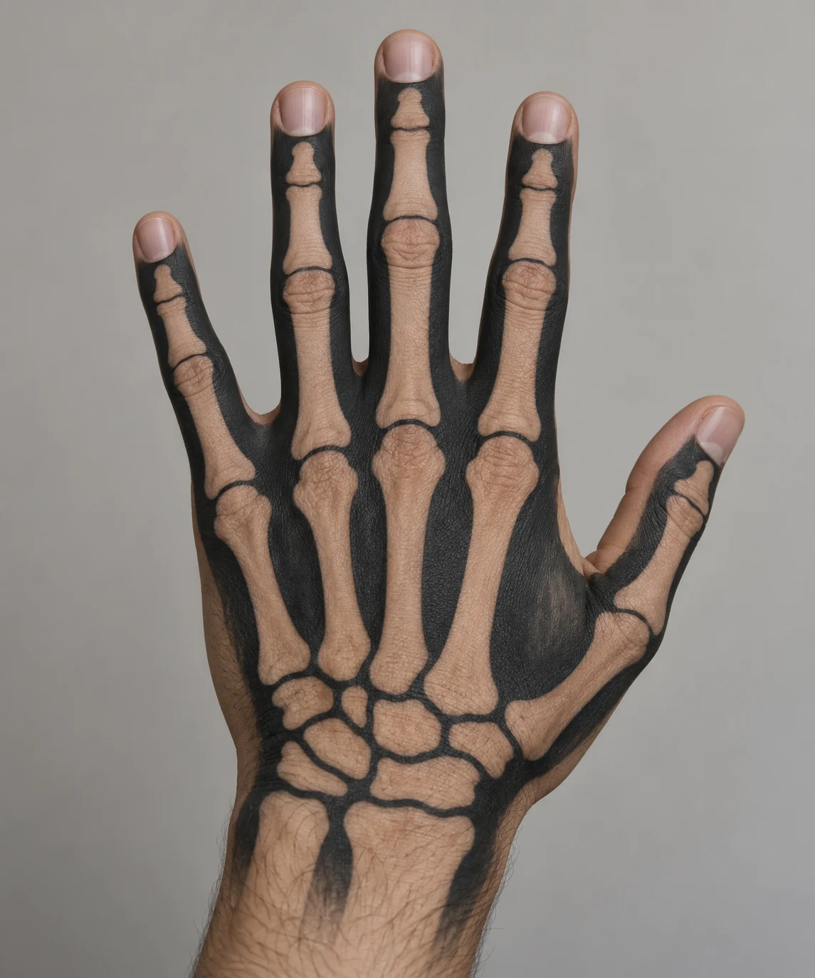 Uninked bone silhouettes surrounded by black ink on the back of a hand.