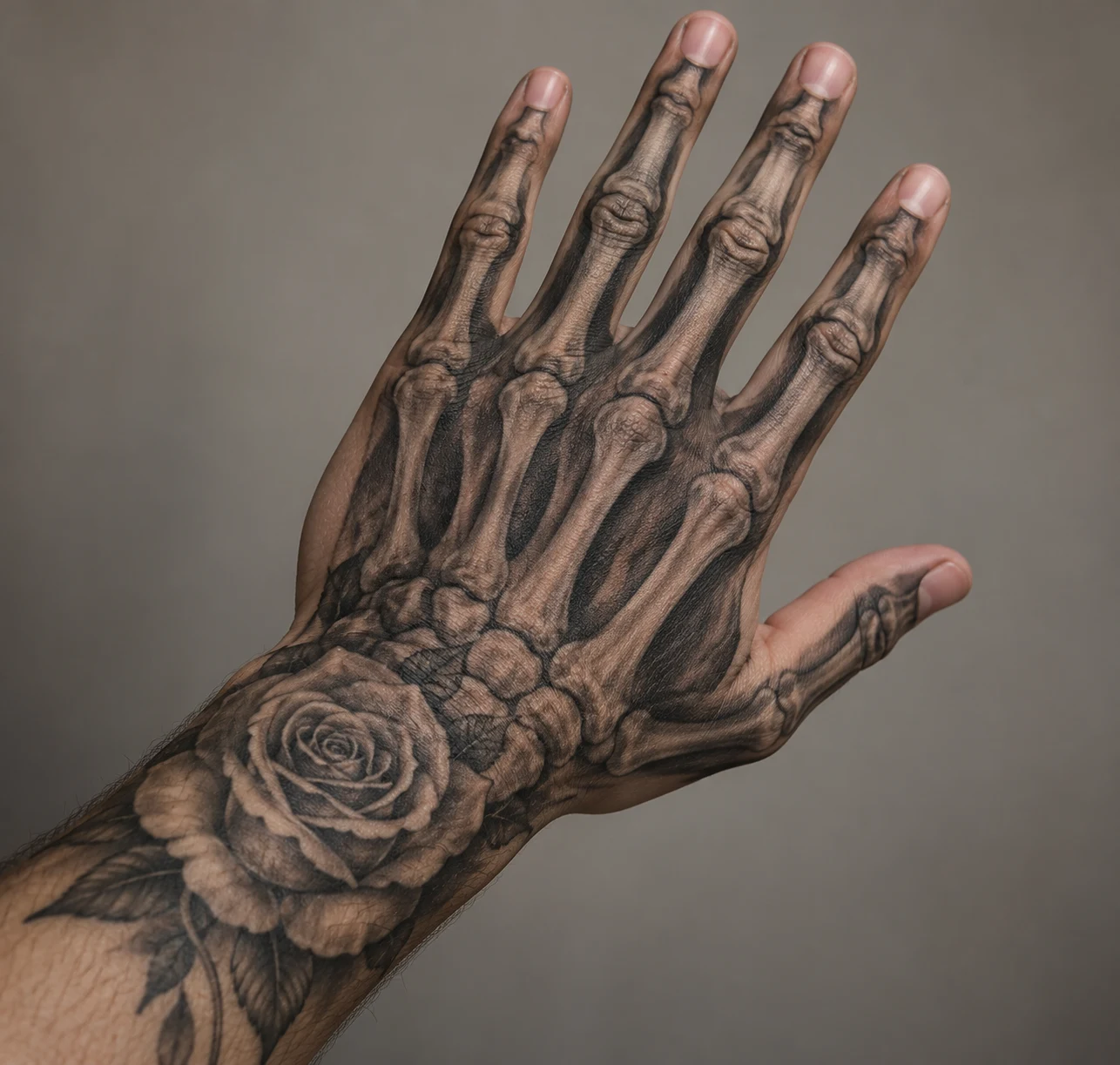 Shaded skeleton bones across the back of a hand with a rose near the wrist.