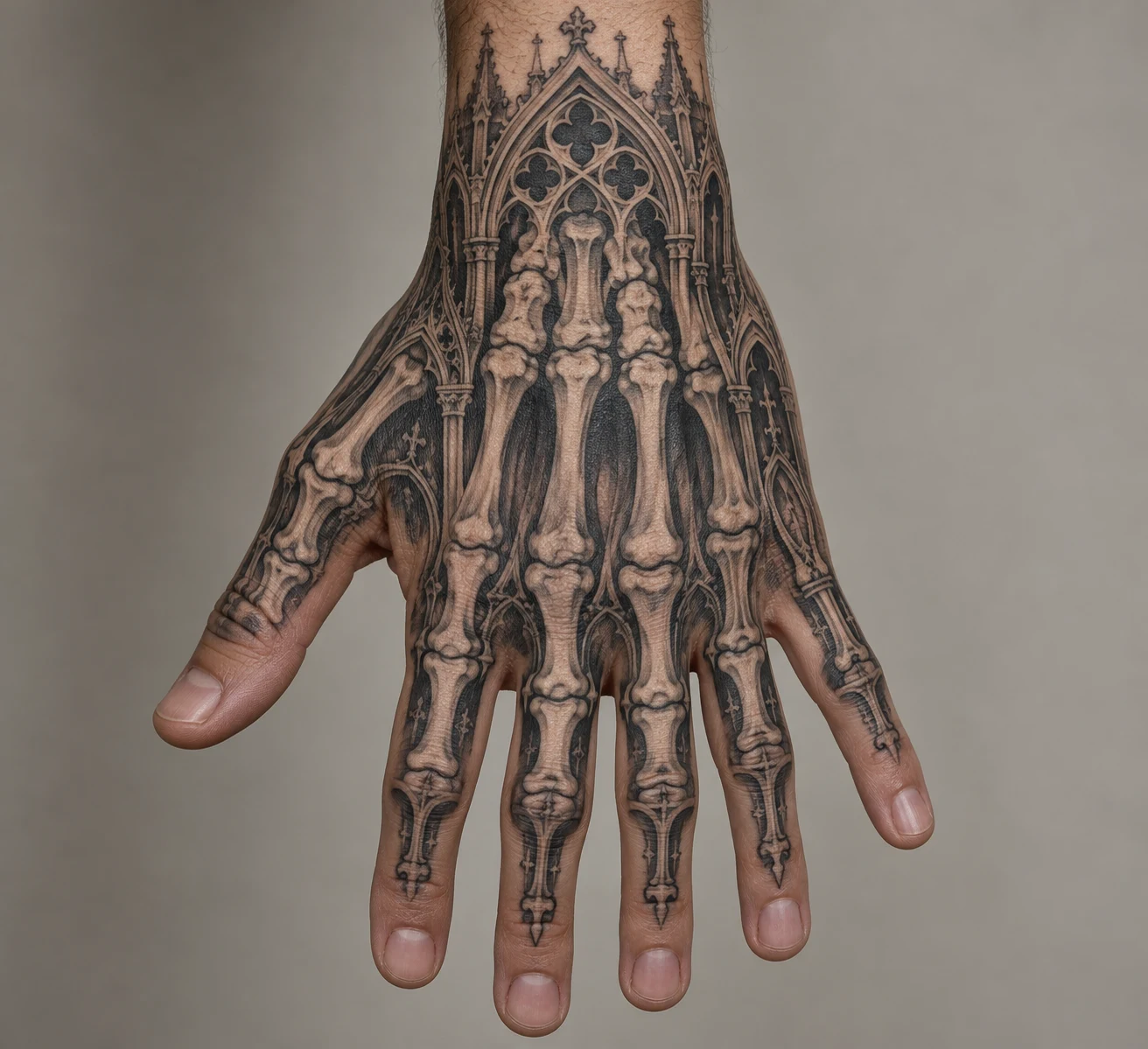 Skeleton bones framed by Gothic pointed arches on the back of a hand.