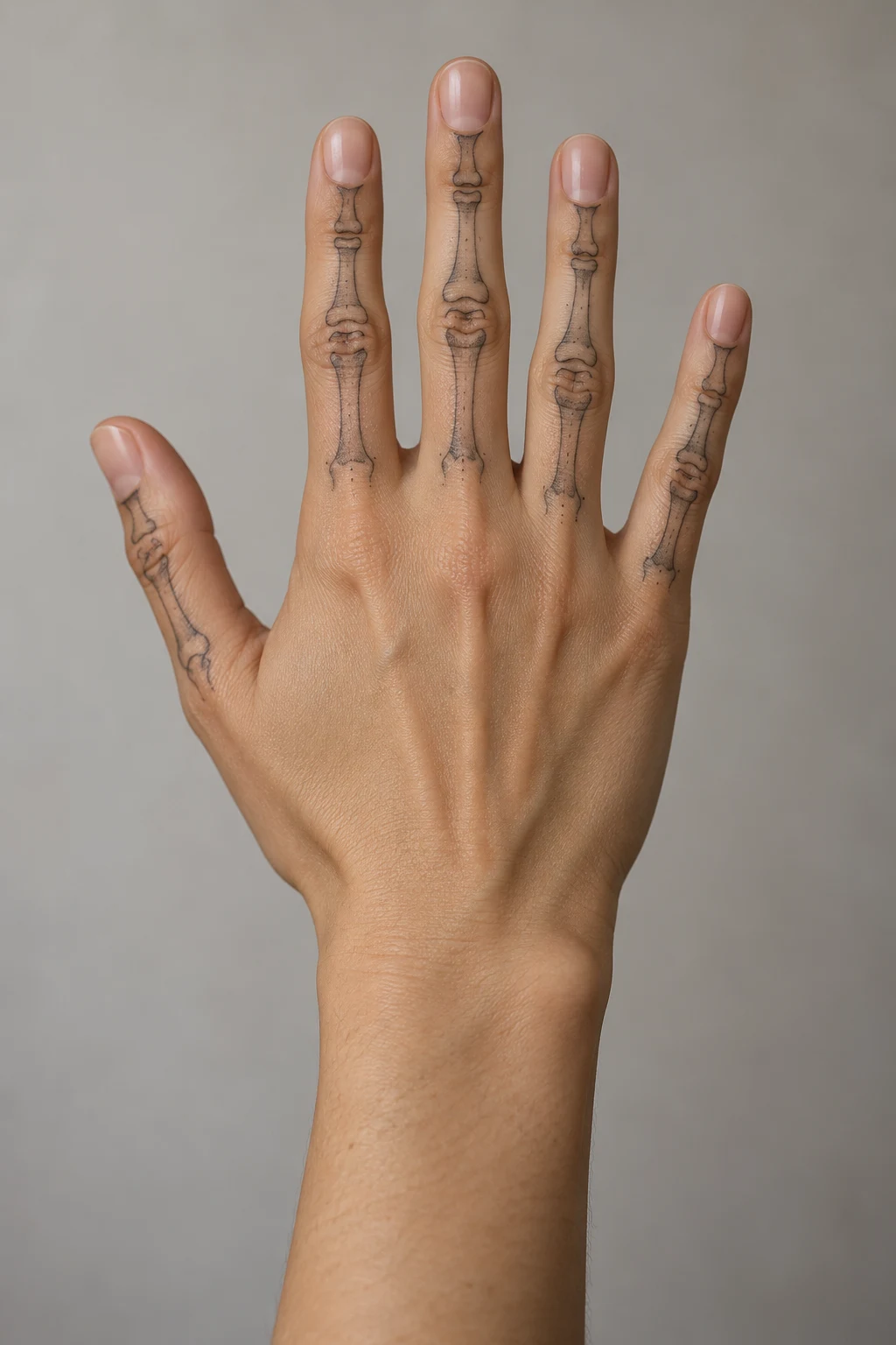 Minimal bone outlines on selected fingers with the central back of the hand left uninked.