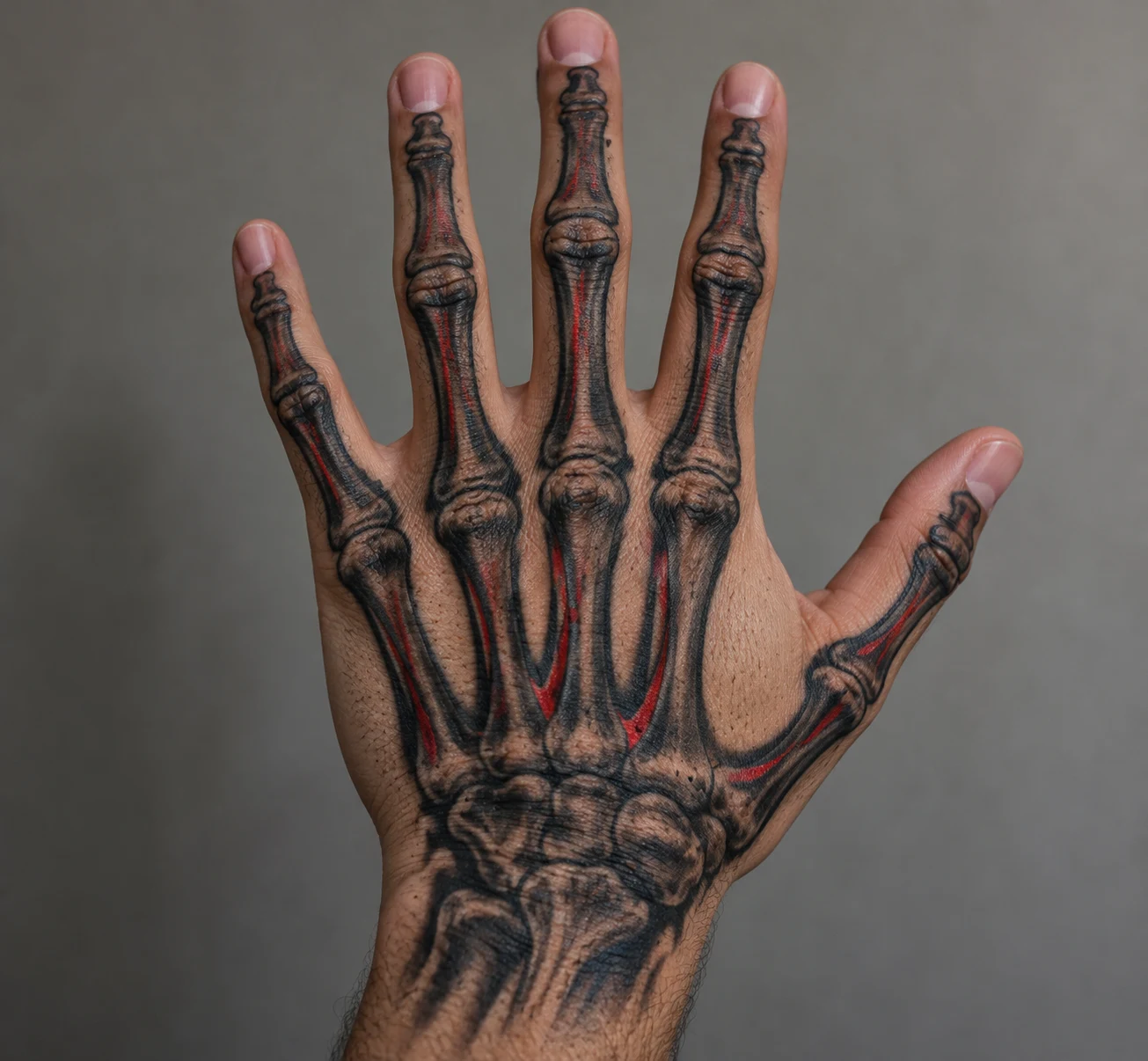 Black skeleton bone outlines with narrow red accents across the back of a hand and fingers.