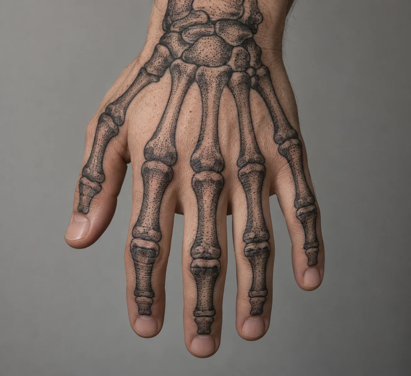 Skeleton bone shapes filled with stippled shading on the back of a hand.