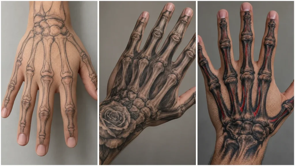 Three skeleton hand tattoo concepts with fine-line outlines, grey shading and red accents, separated by white borders.